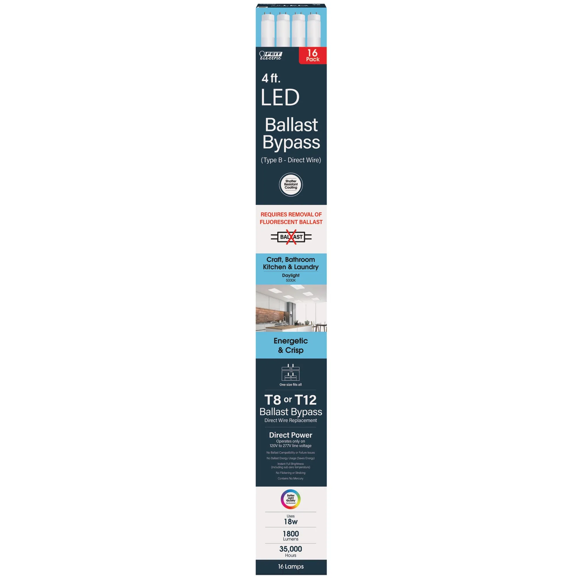 4 ft. 18W (32W Replacement) Daylight (5000K) Bi-Pin T8 Ballast Bypass (Type B) LED Linear Tube (16-Pack)