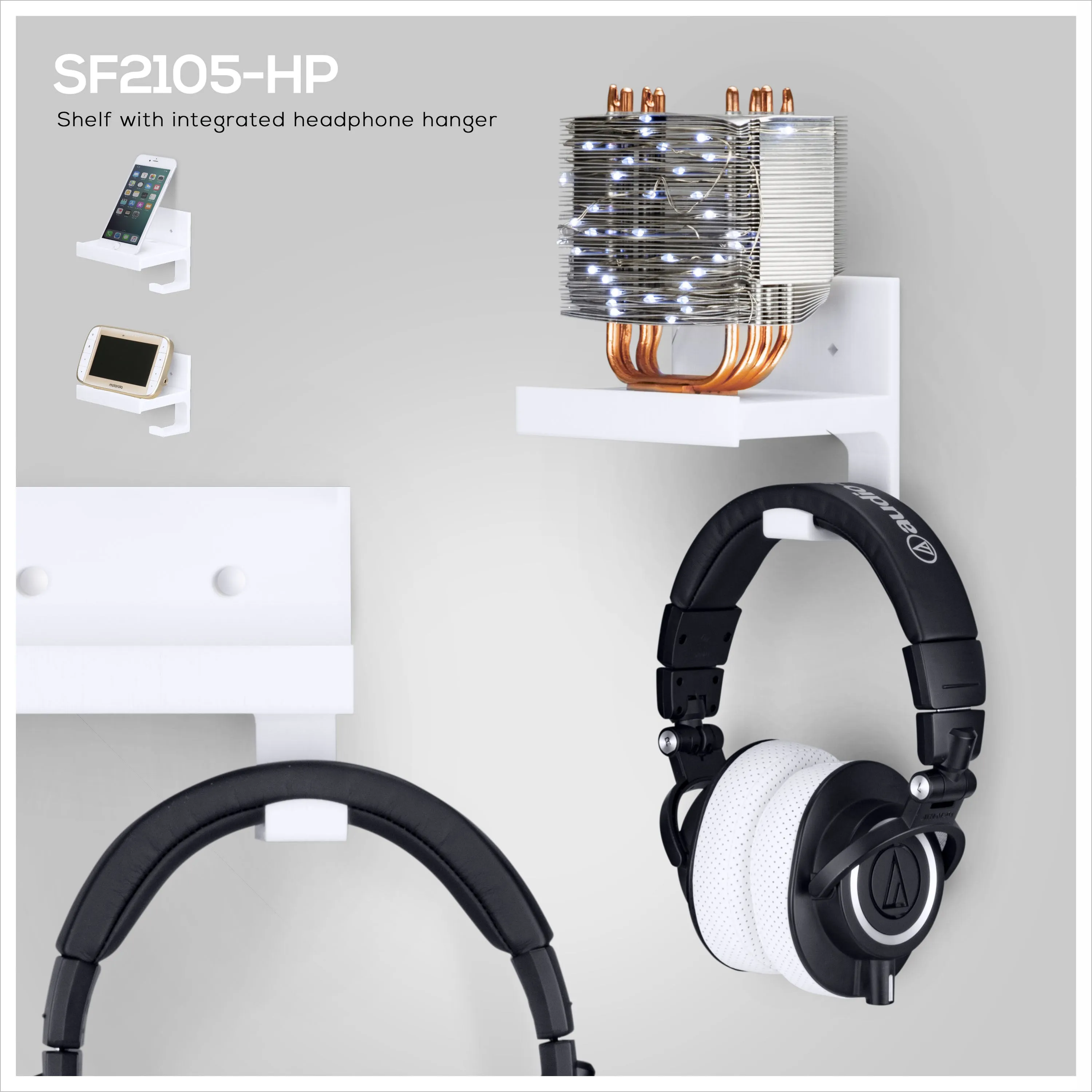 5" Small Floating Shelf With Headphone Hanger, Adhesive & Screw In, For Bluetooth Speakers, Cameras, Plants, Toys & More, Easy to Install (SF2105-HP, White)