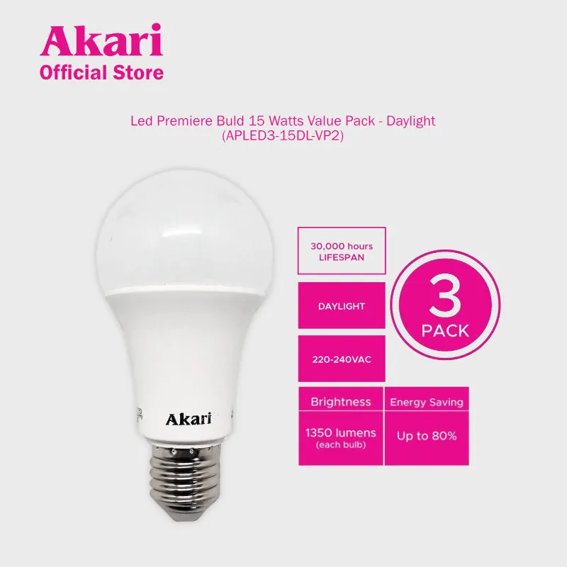 Akari B1G1:  LED Premiere Bulb 15Watts Value Pack - Daylight   FREE APLED3-15DL
