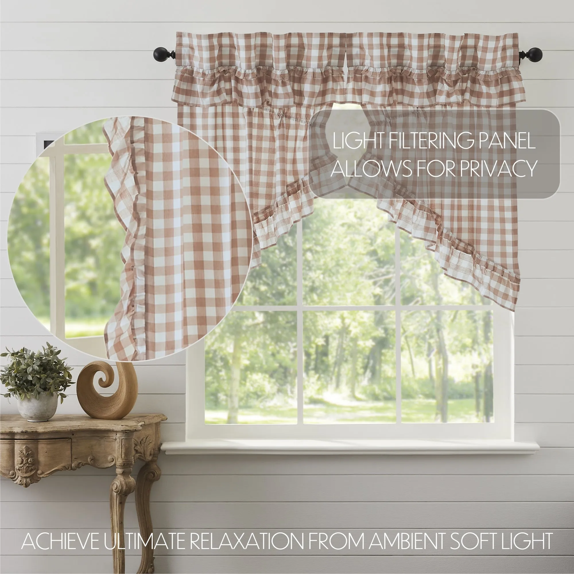 Annie Buffalo Portabella Check Ruffled Prairie Swag Set of 2 36x36x18