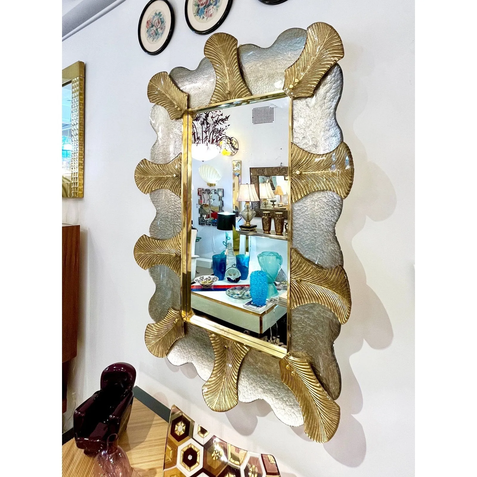 Bespoke Italian Art Deco Style Curved Leaf Gold Silver Murano Glass Brass Mirror