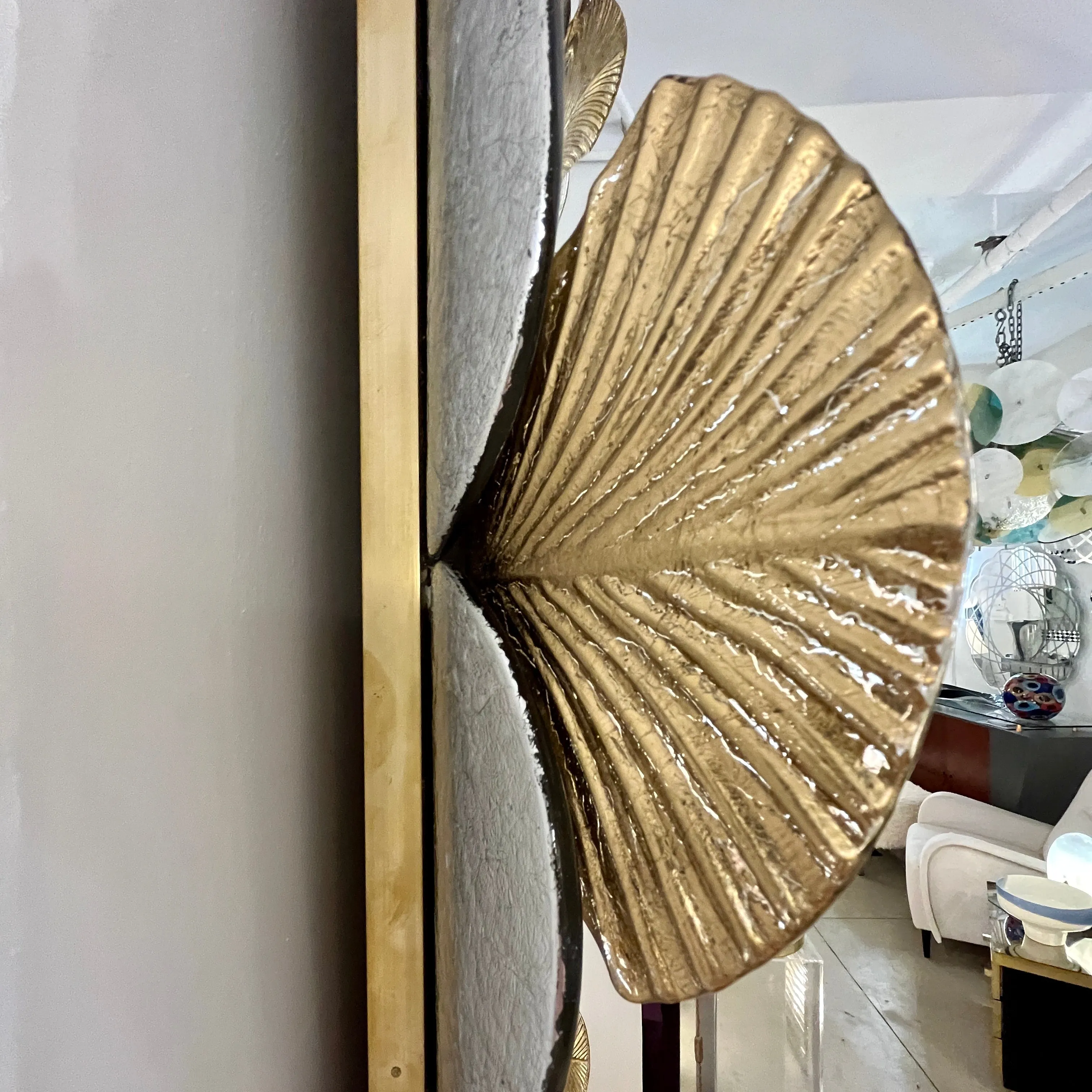 Bespoke Italian Art Deco Style Curved Leaf Gold Silver Murano Glass Brass Mirror
