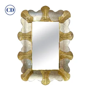 Bespoke Italian Art Deco Style Curved Leaf Gold Silver Murano Glass Brass Mirror