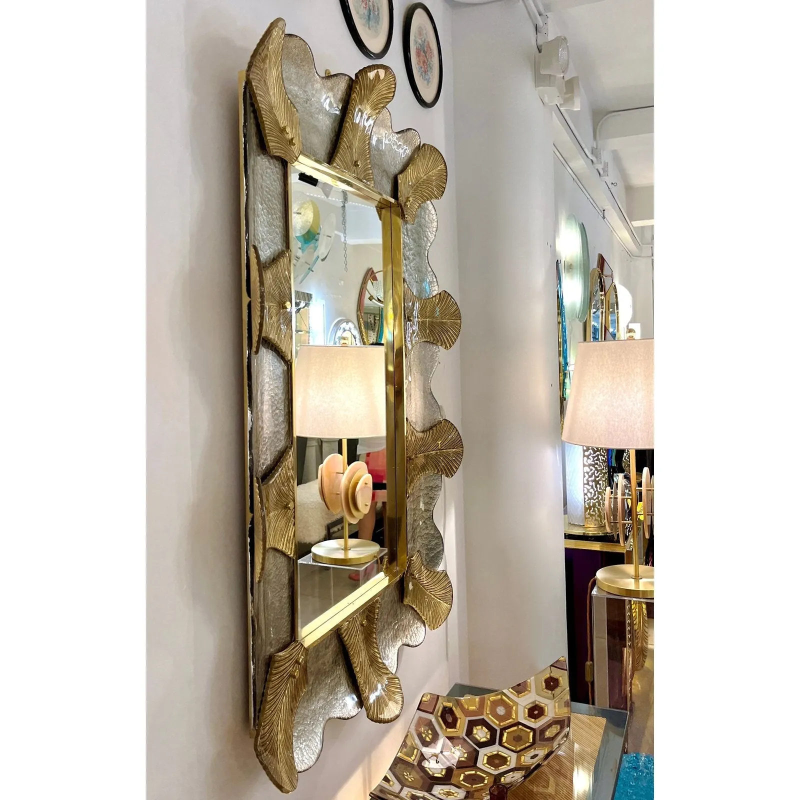 Bespoke Italian Art Deco Style Curved Leaf Gold Silver Murano Glass Brass Mirror