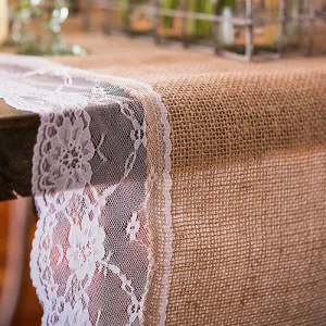 Burlap And Lace Table Runner With Vineyard Monogram (90" / 2.3m long) Black