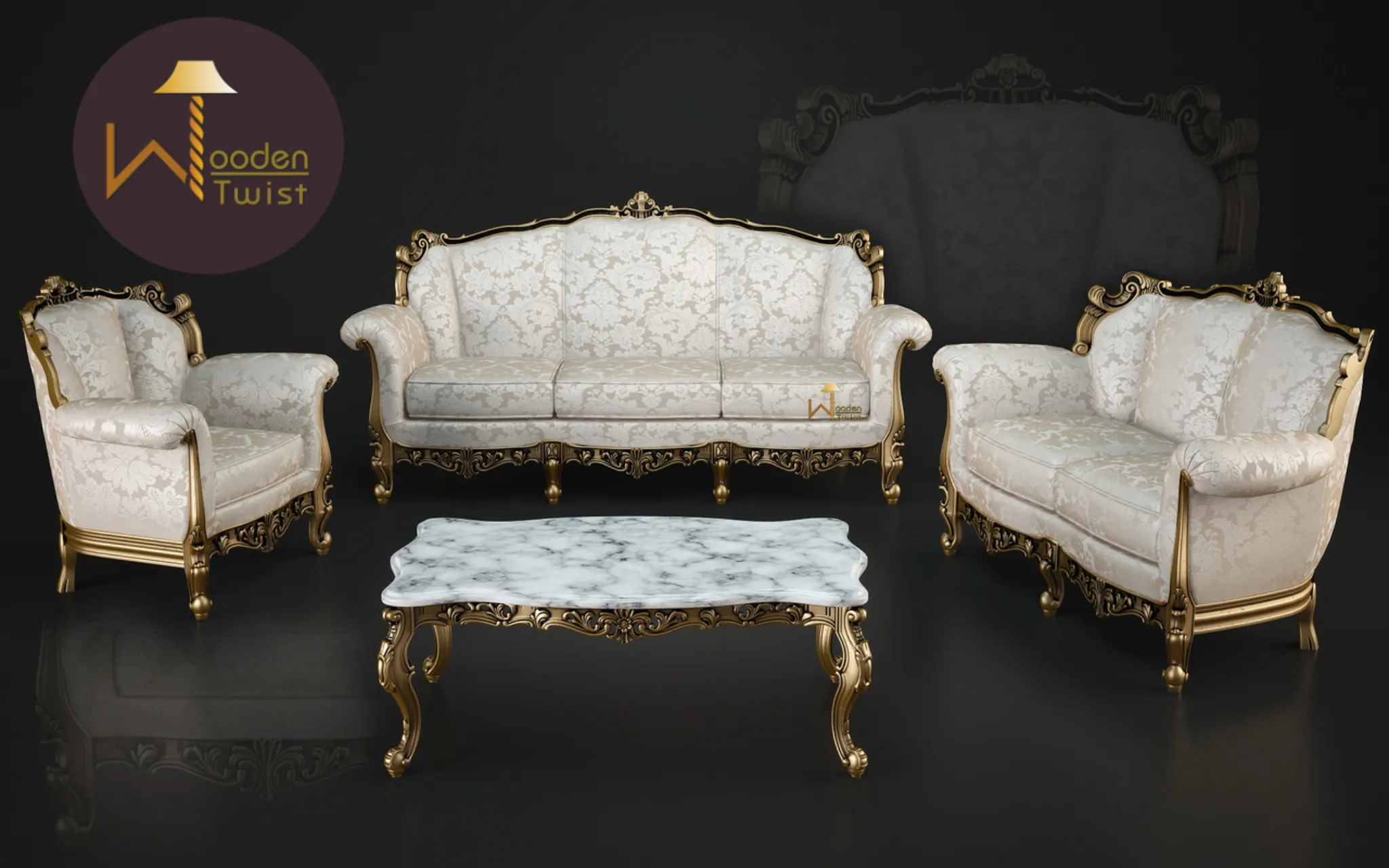 Carved 6 Seater Teak Wood Sofa Set With Centre Table In Antique Gold Finish