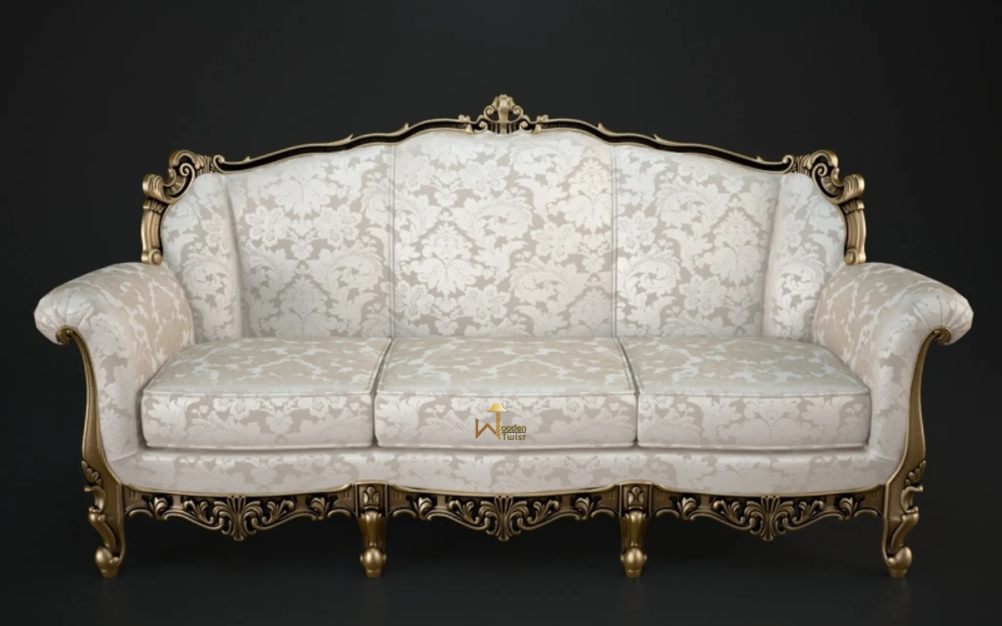 Carved 6 Seater Teak Wood Sofa Set With Centre Table In Antique Gold Finish