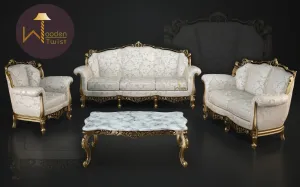 Carved 6 Seater Teak Wood Sofa Set With Centre Table In Antique Gold Finish