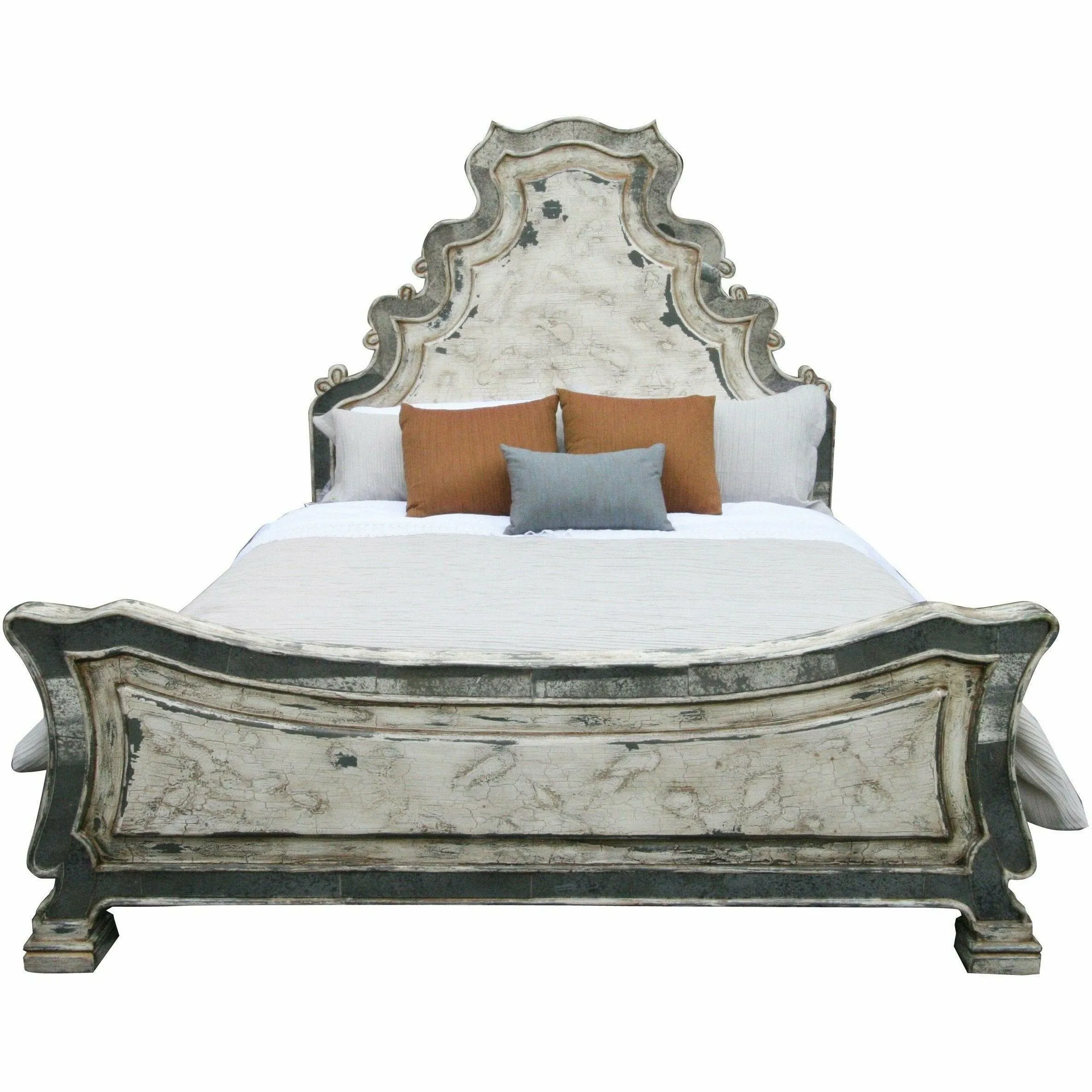 Casa Bonita Hand-Painted Carved Wood and Antiqued Mirror Sophie King Size Bed