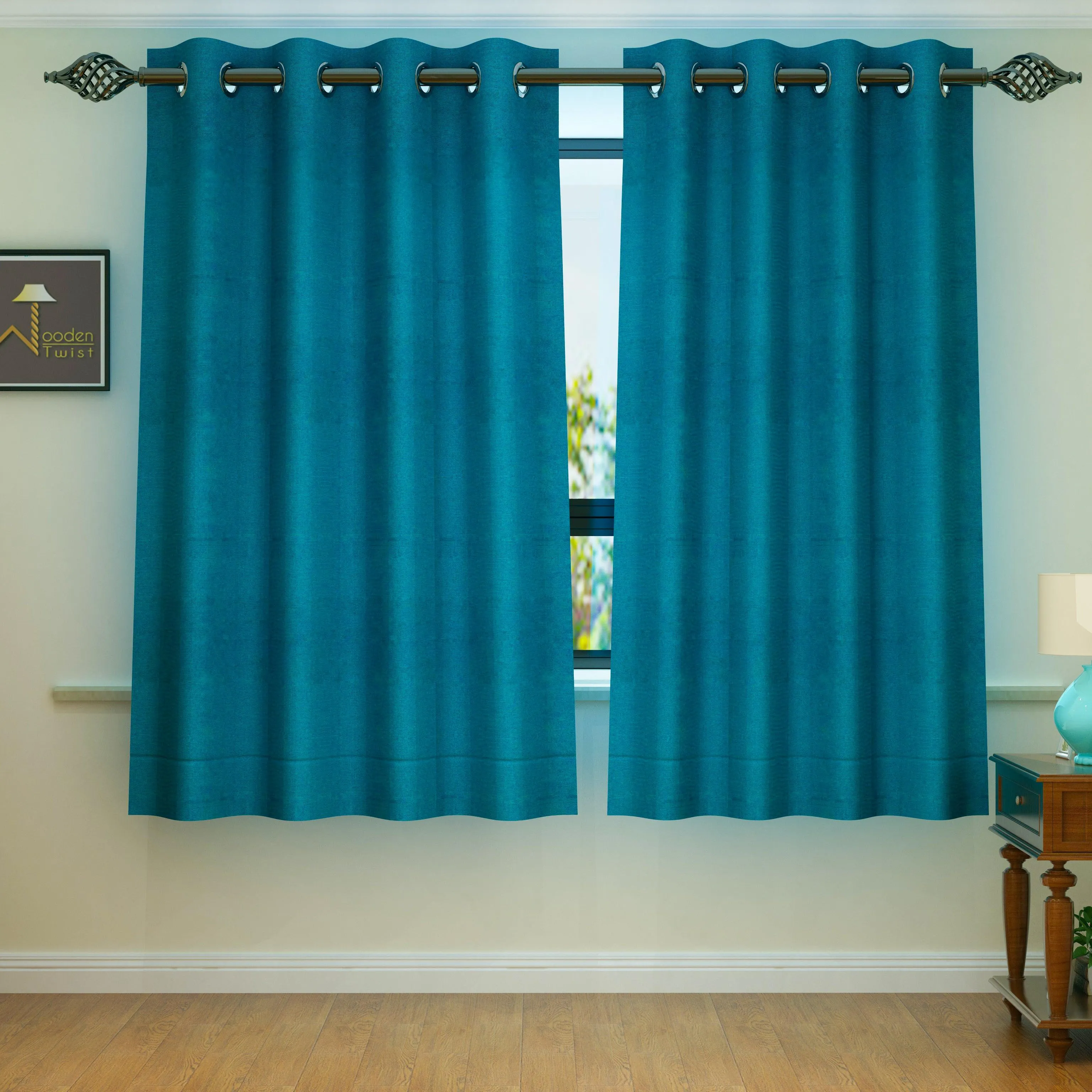 Fabrahome Light Filtering 4.5 Ft Jute Fabric Window Curtain ( Blue )
