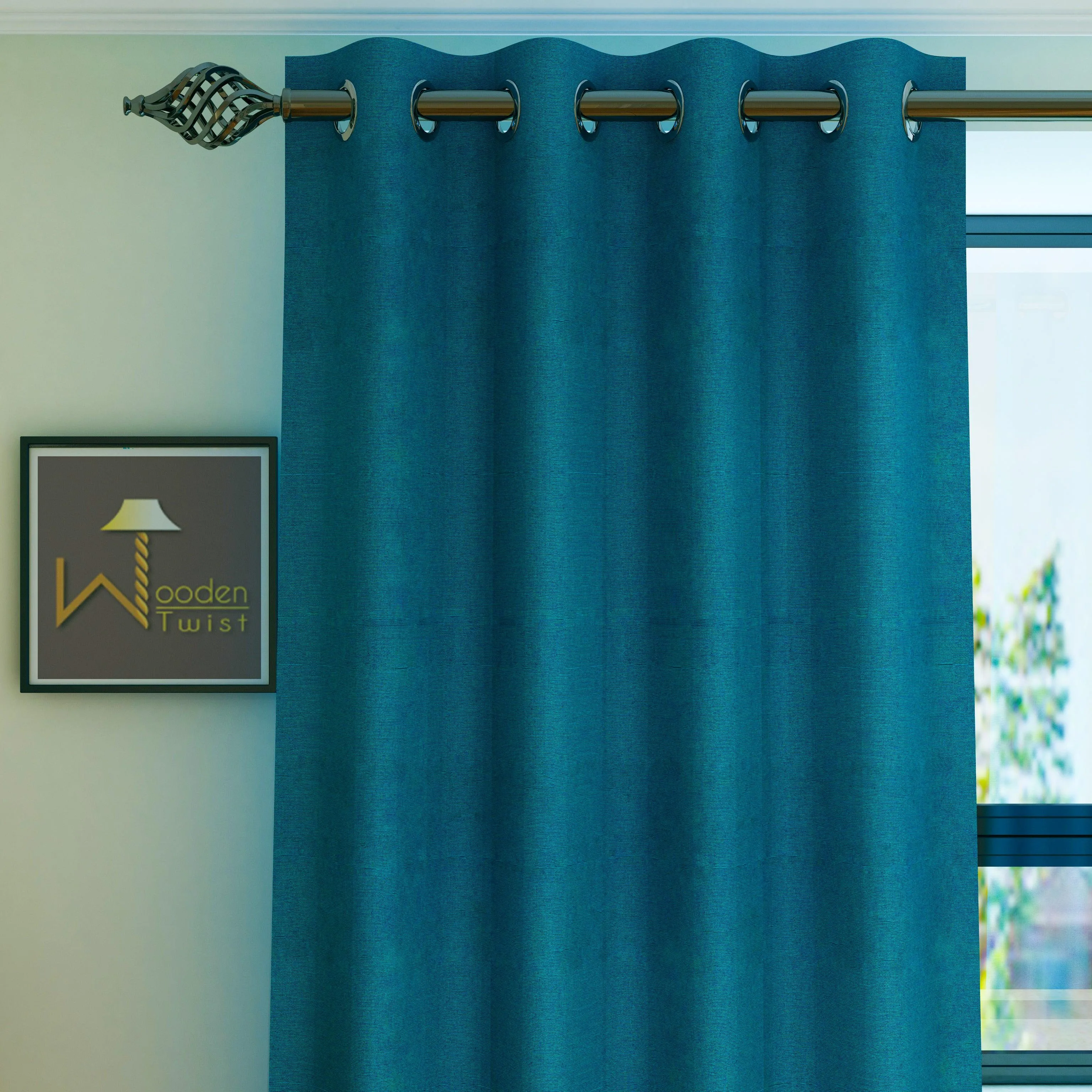 Fabrahome Light Filtering 7 Ft Rectangular Jute Fabric Curtain ( Blue )