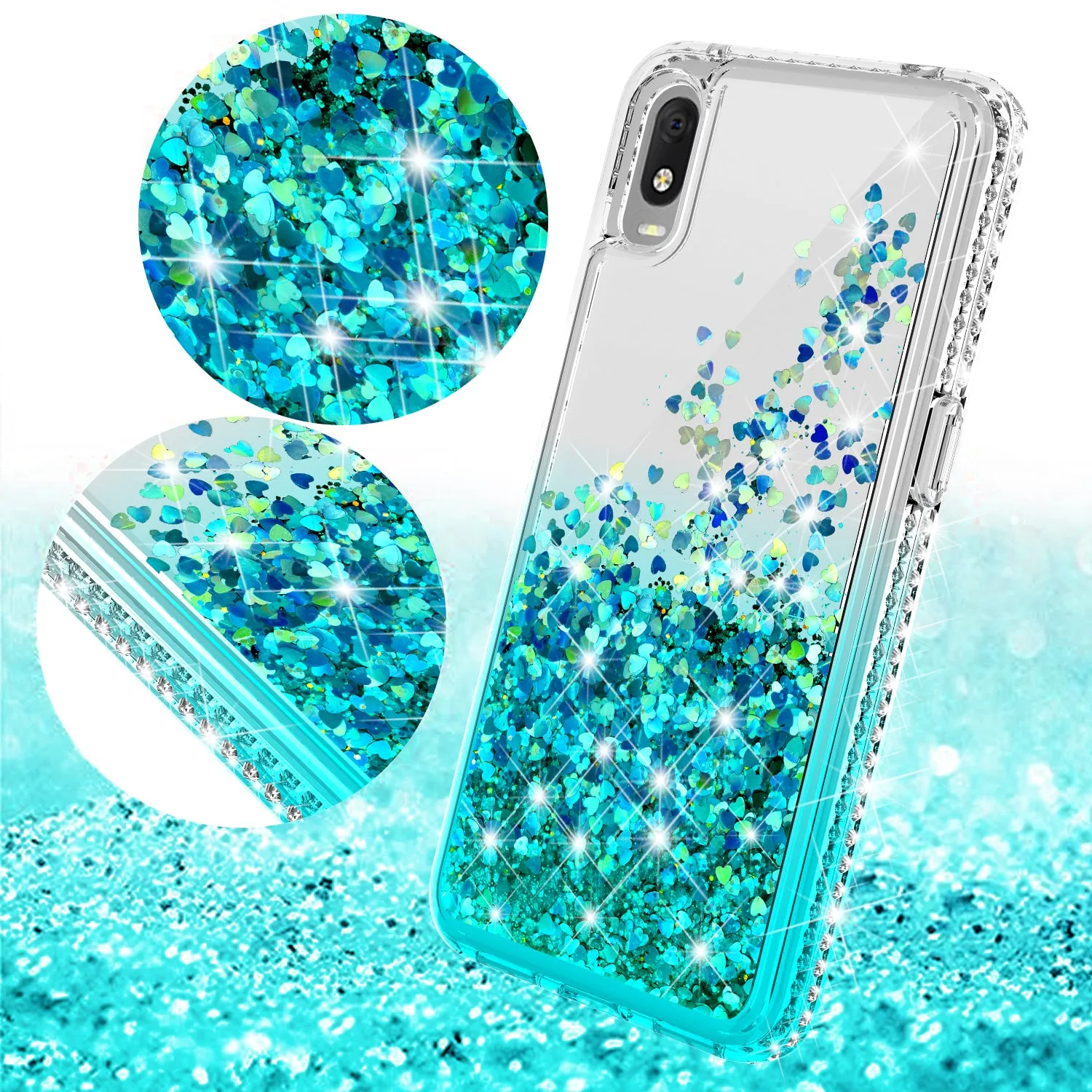 For Alcatel Jitterbug Smart3 / Lively Smart Case Liquid Glitter Phone Case Waterfall Floating Quicksand Bling Sparkle Cute Protective Girls Women Cover for Alcatel Jitterbug Smart3 / Lively Smart W/Temper Glass - Teal