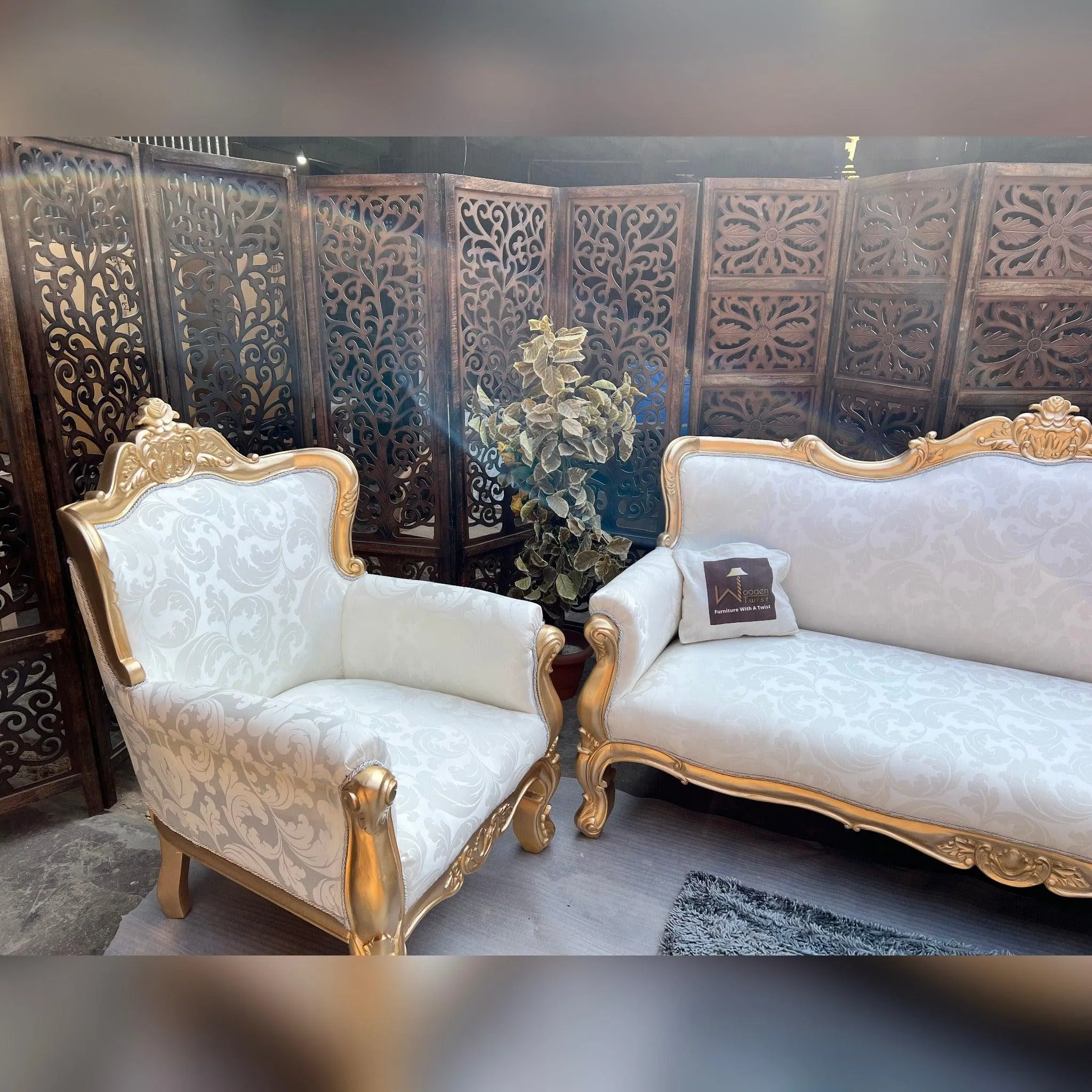 Hand Carved Teak Wood 5 Seater Sofa Set (Antique Golden Finish)