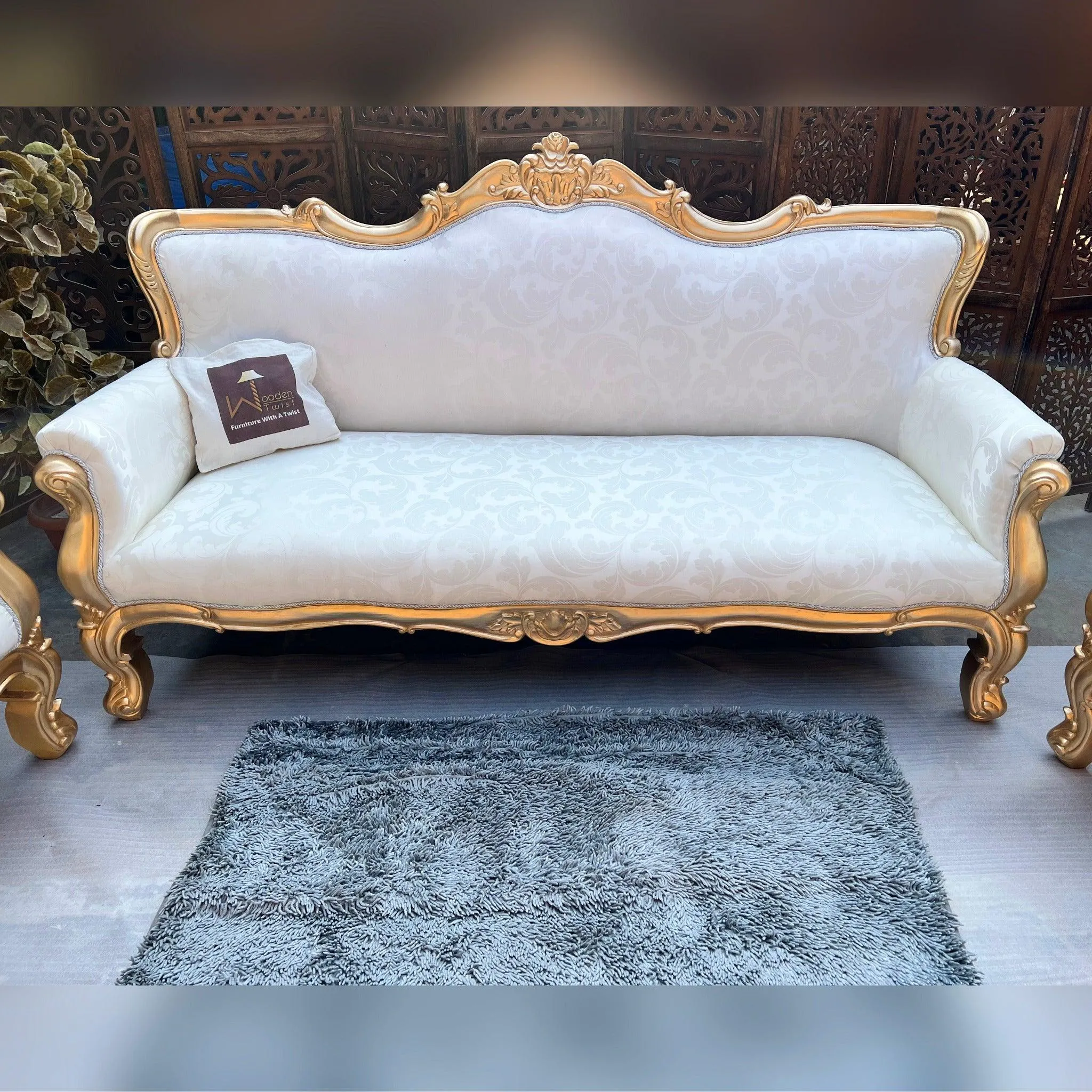 Hand Carved Teak Wood 5 Seater Sofa Set (Antique Golden Finish)