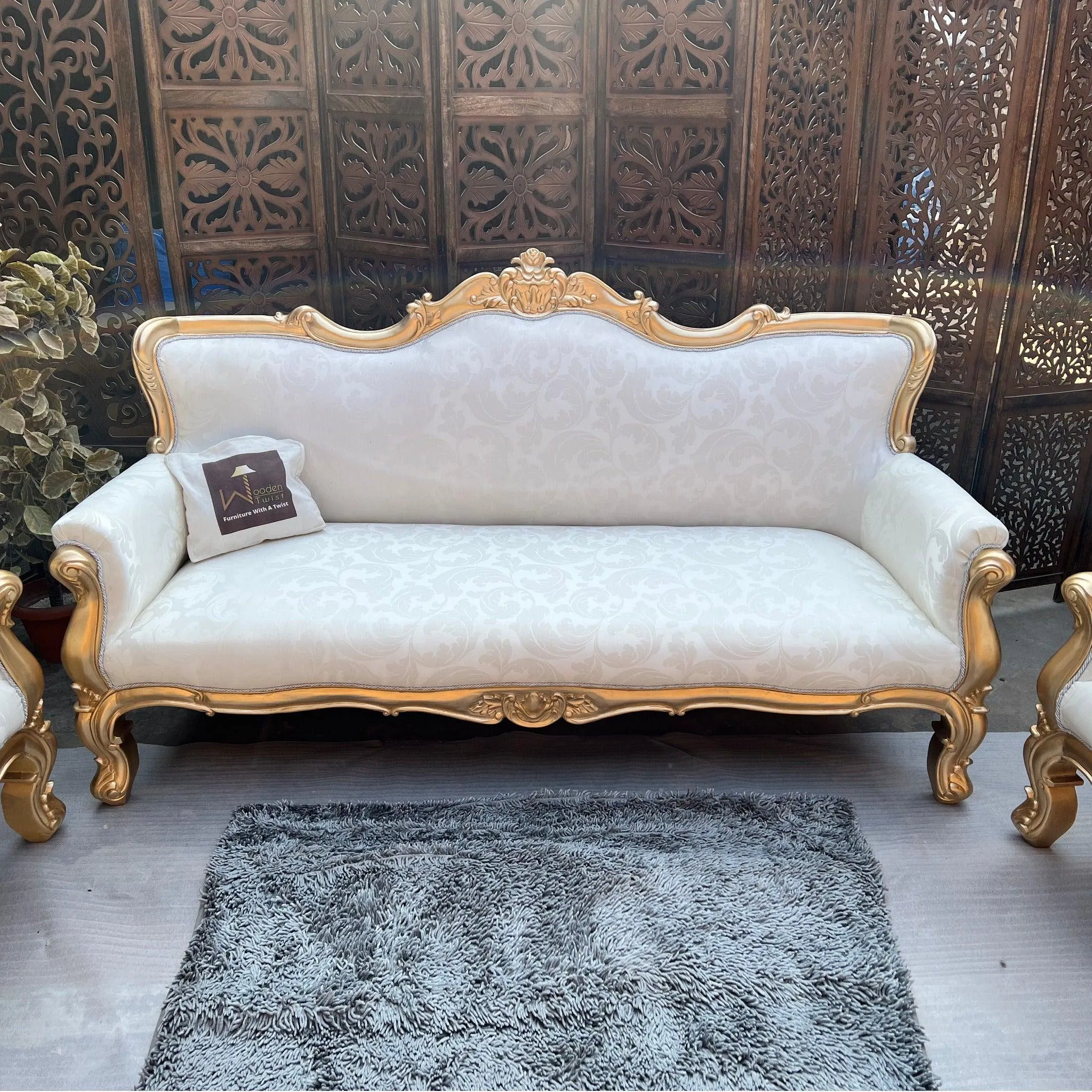 Hand Carved Teak Wood 5 Seater Sofa Set (Antique Golden Finish)