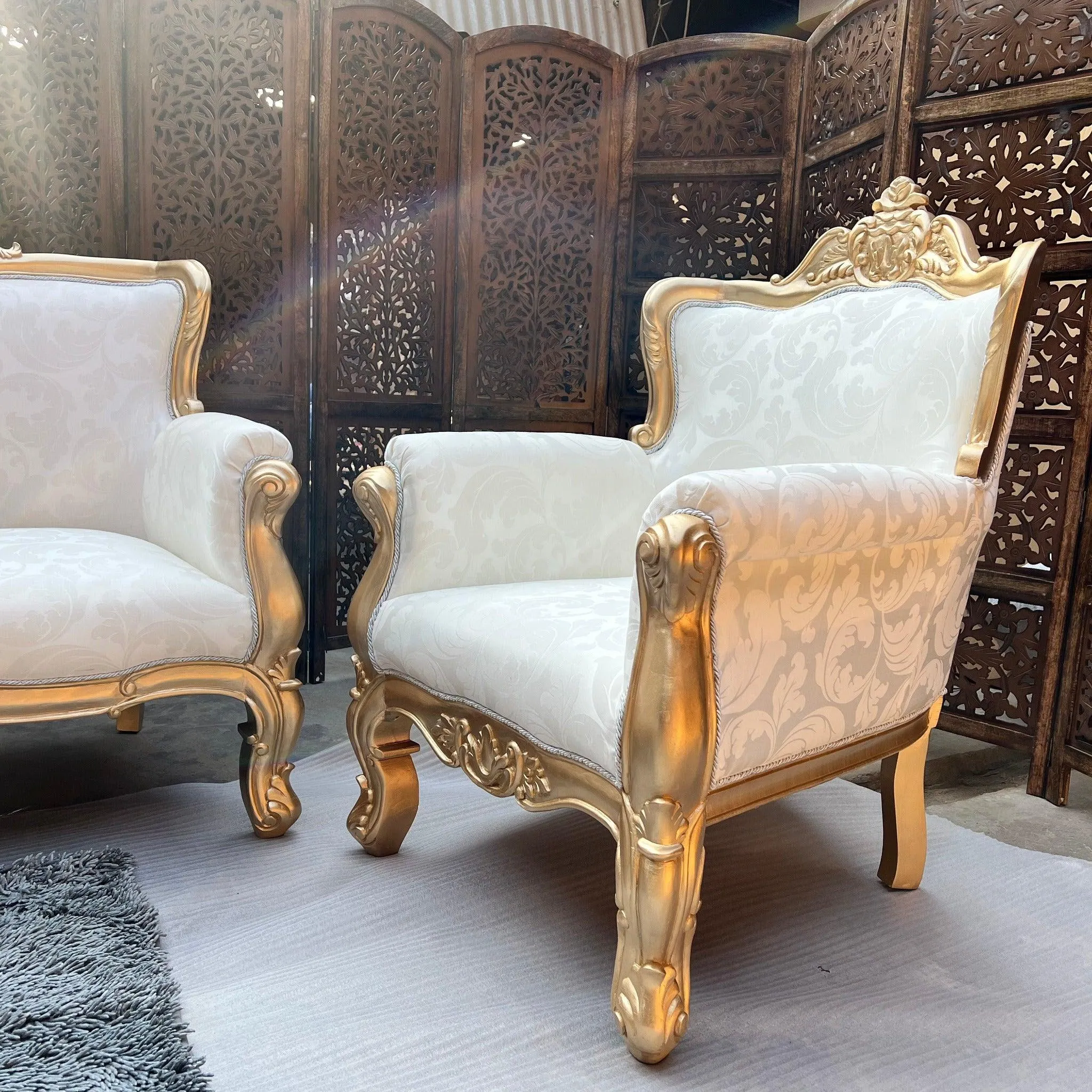 Hand Carved Teak Wood 5 Seater Sofa Set (Antique Golden Finish)