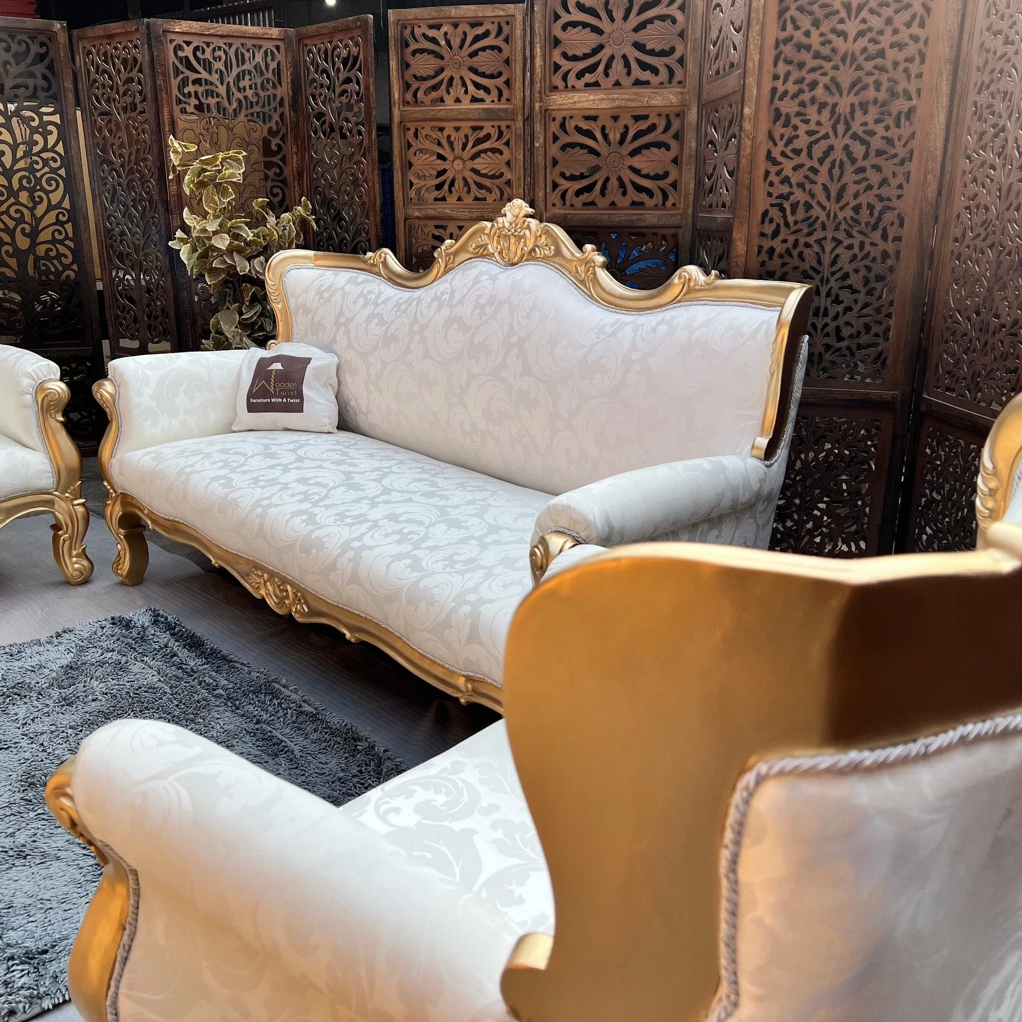 Hand Carved Teak Wood 5 Seater Sofa Set (Antique Golden Finish)