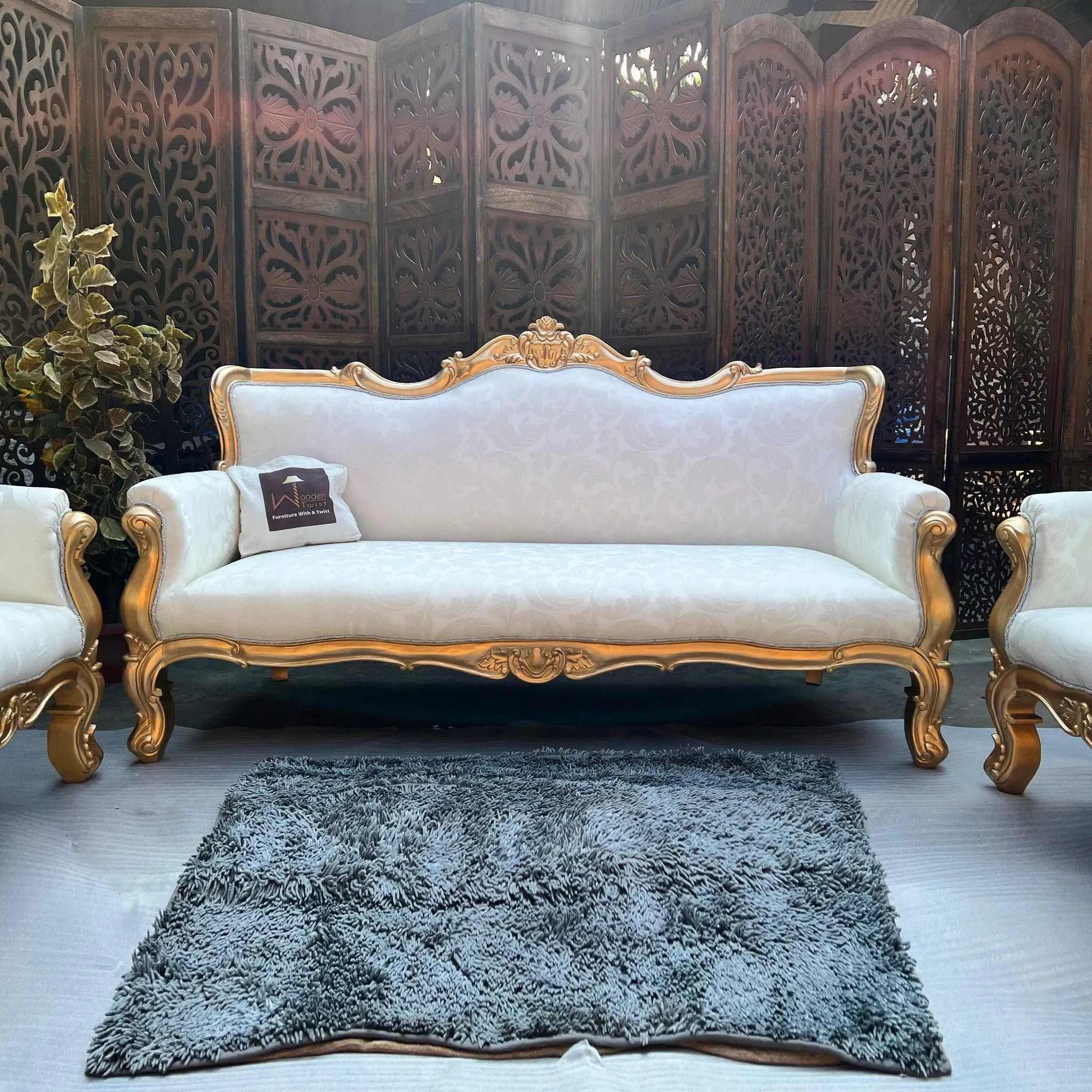 Hand Carved Teak Wood 5 Seater Sofa Set (Antique Golden Finish)