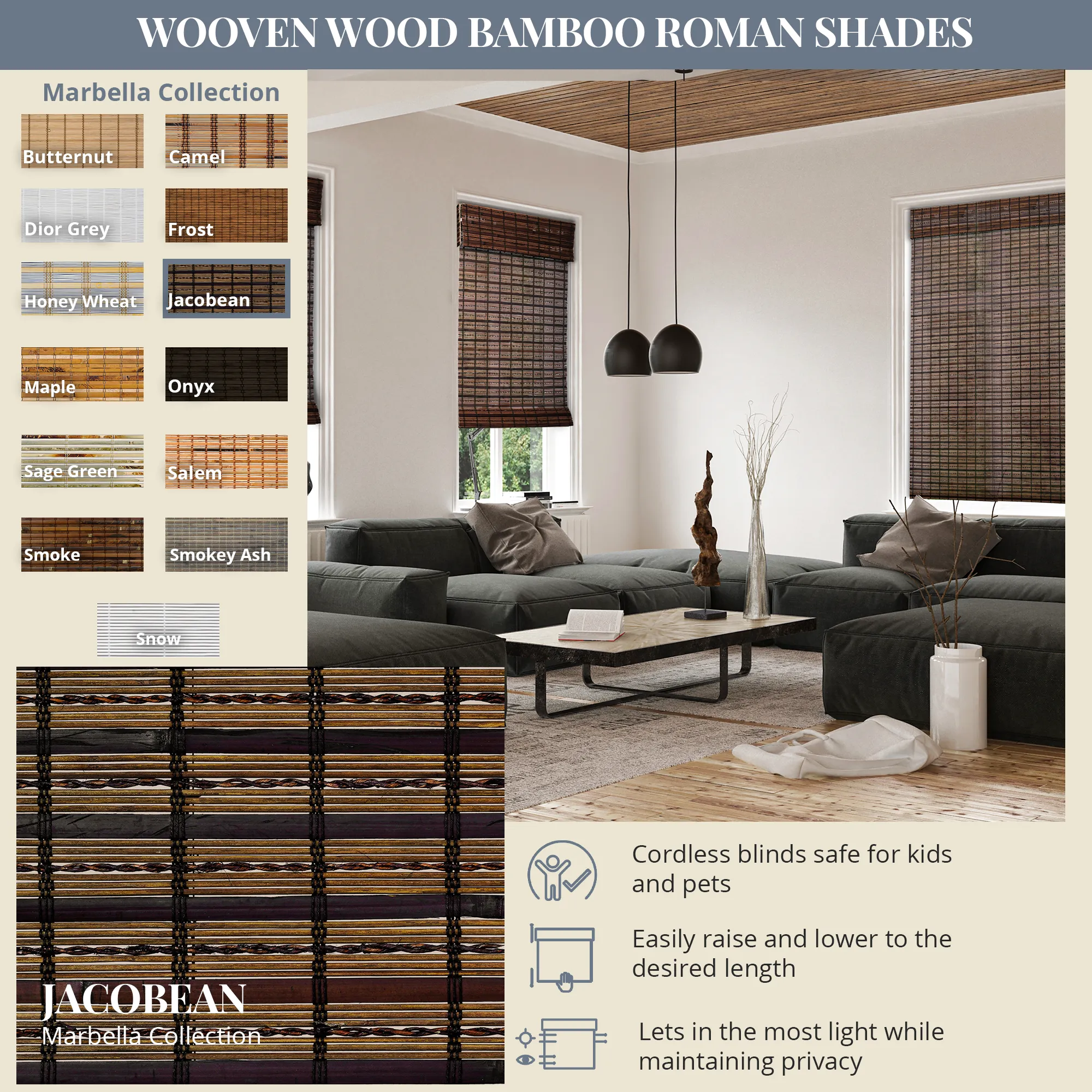 Light Filtering | Custom Natural Bamboo with Valance | Jacobean