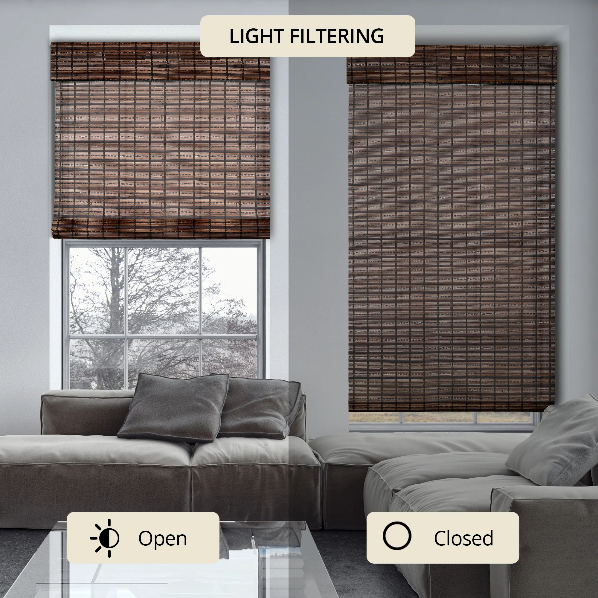 Light Filtering | Custom Natural Bamboo with Valance | Jacobean