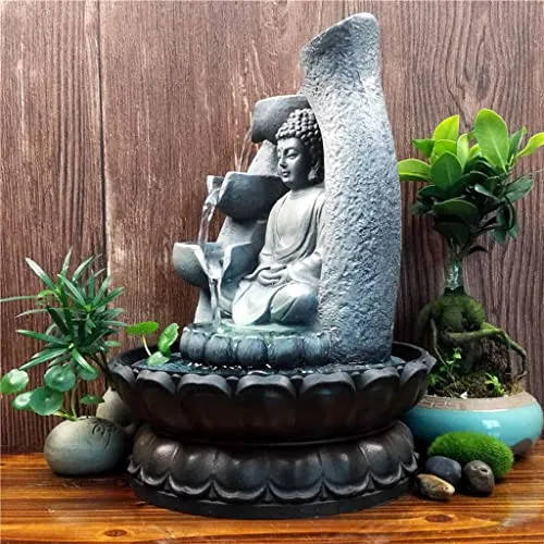 MYADDICTION Buddha Tabletop Fountain LED Lights Zen Rock Water Waterfall Home Deck Decor