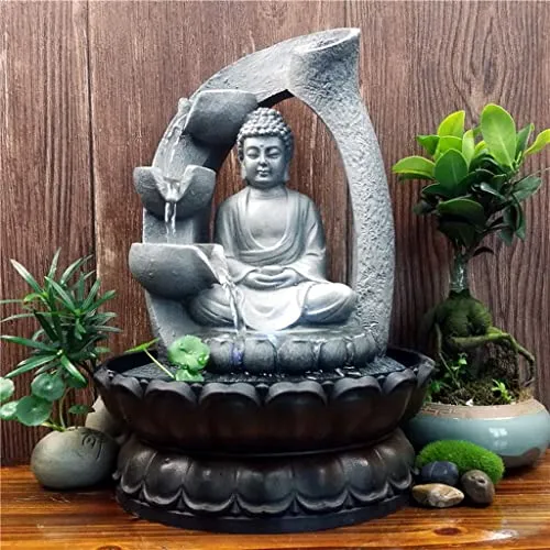 MYADDICTION Buddha Tabletop Fountain LED Lights Zen Rock Water Waterfall Home Deck Decor