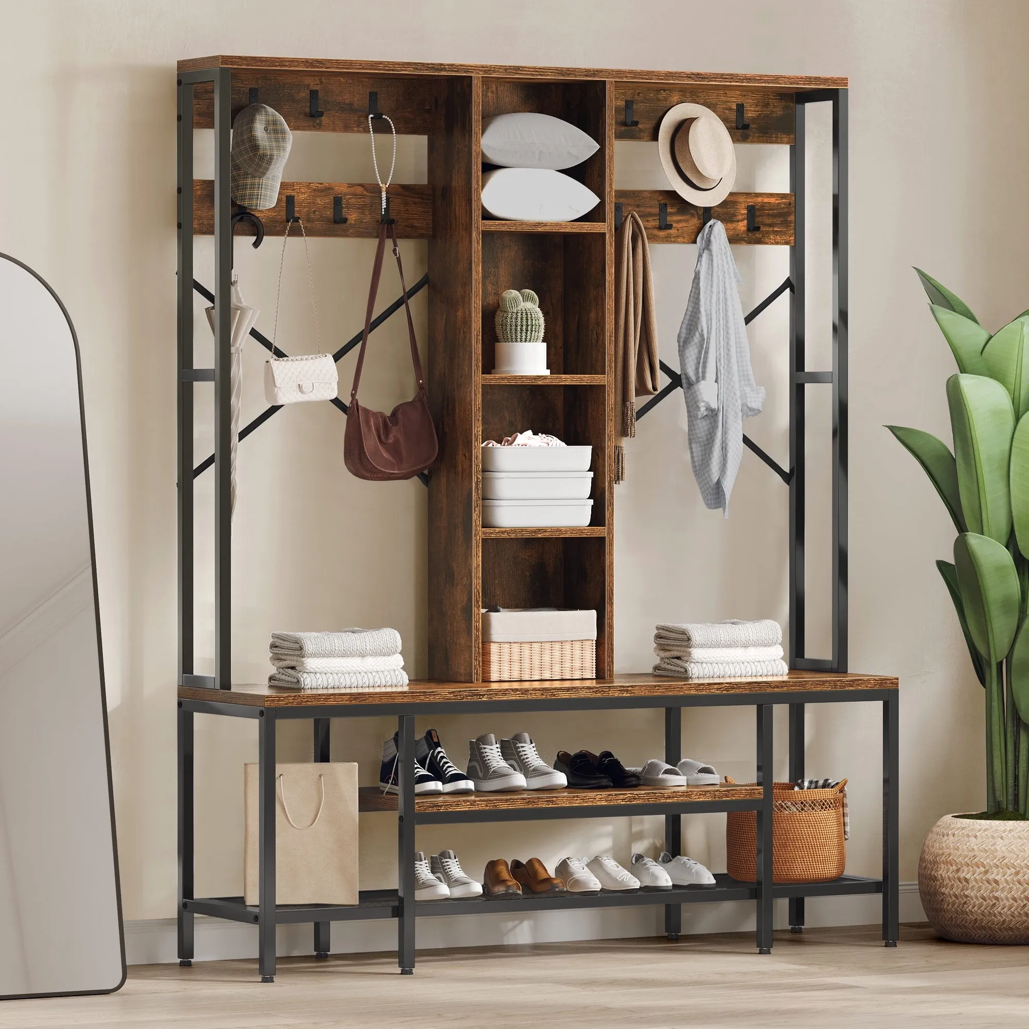 relaxed Farmhouse Coat Rack, 5-in-1 Entryway Hall Tree with Shoe Storage for Bedroom, Rustic Brown