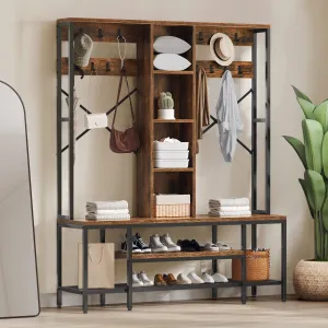 relaxed Farmhouse Coat Rack, 5-in-1 Entryway Hall Tree with Shoe Storage for Bedroom, Rustic Brown