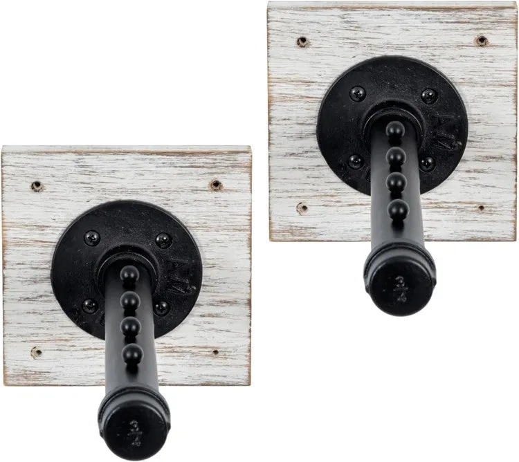 Set of 2, Wall Mounted Whitewashed Wood and Industrial Matte Black Metal Pipe Bar, Hanger Rack with Hanging Hooks