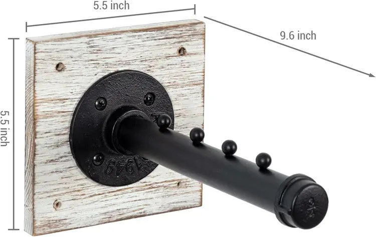 Set of 2, Wall Mounted Whitewashed Wood and Industrial Matte Black Metal Pipe Bar, Hanger Rack with Hanging Hooks
