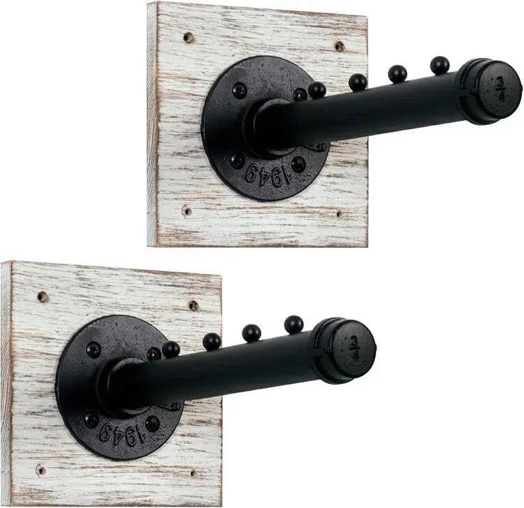 Set of 2, Wall Mounted Whitewashed Wood and Industrial Matte Black Metal Pipe Bar, Hanger Rack with Hanging Hooks