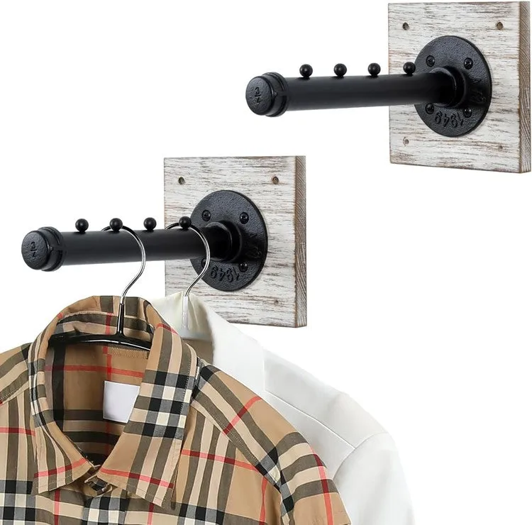 Set of 2, Wall Mounted Whitewashed Wood and Industrial Matte Black Metal Pipe Bar, Hanger Rack with Hanging Hooks