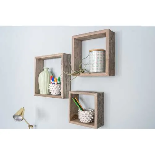 Set of 3 Square Rustic White Wash Wood Open Box Shelve