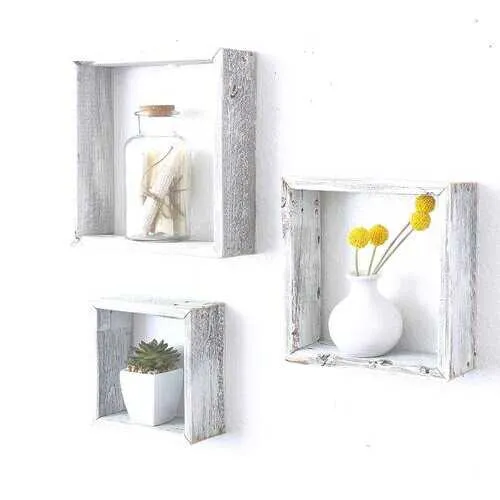Set of 3 Square Rustic White Wash Wood Open Box Shelve