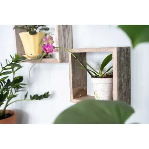 Set of 3 Square Rustic White Wash Wood Open Box Shelve