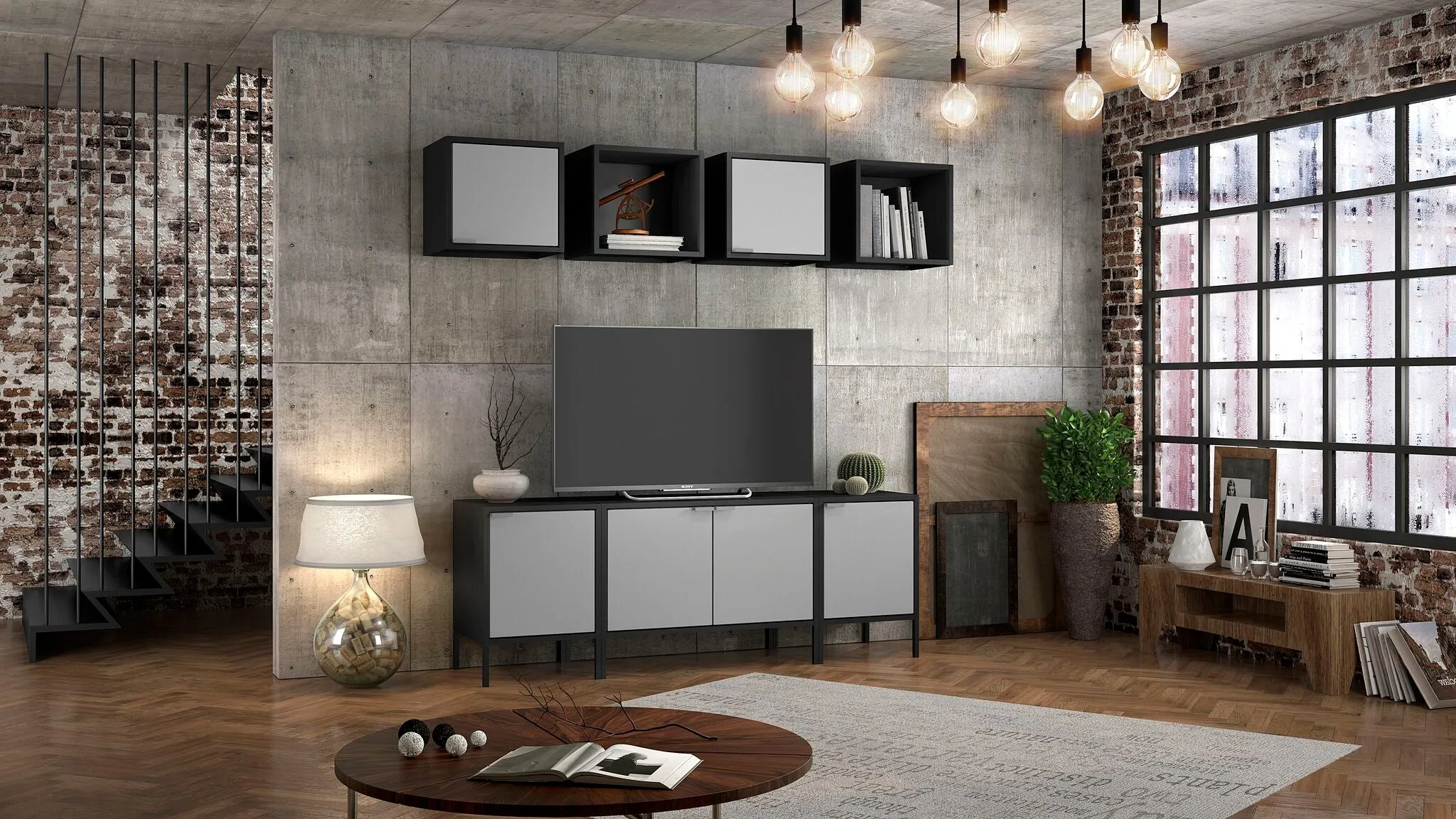 Smart Floating Cube Cabinet in Black and Grey
