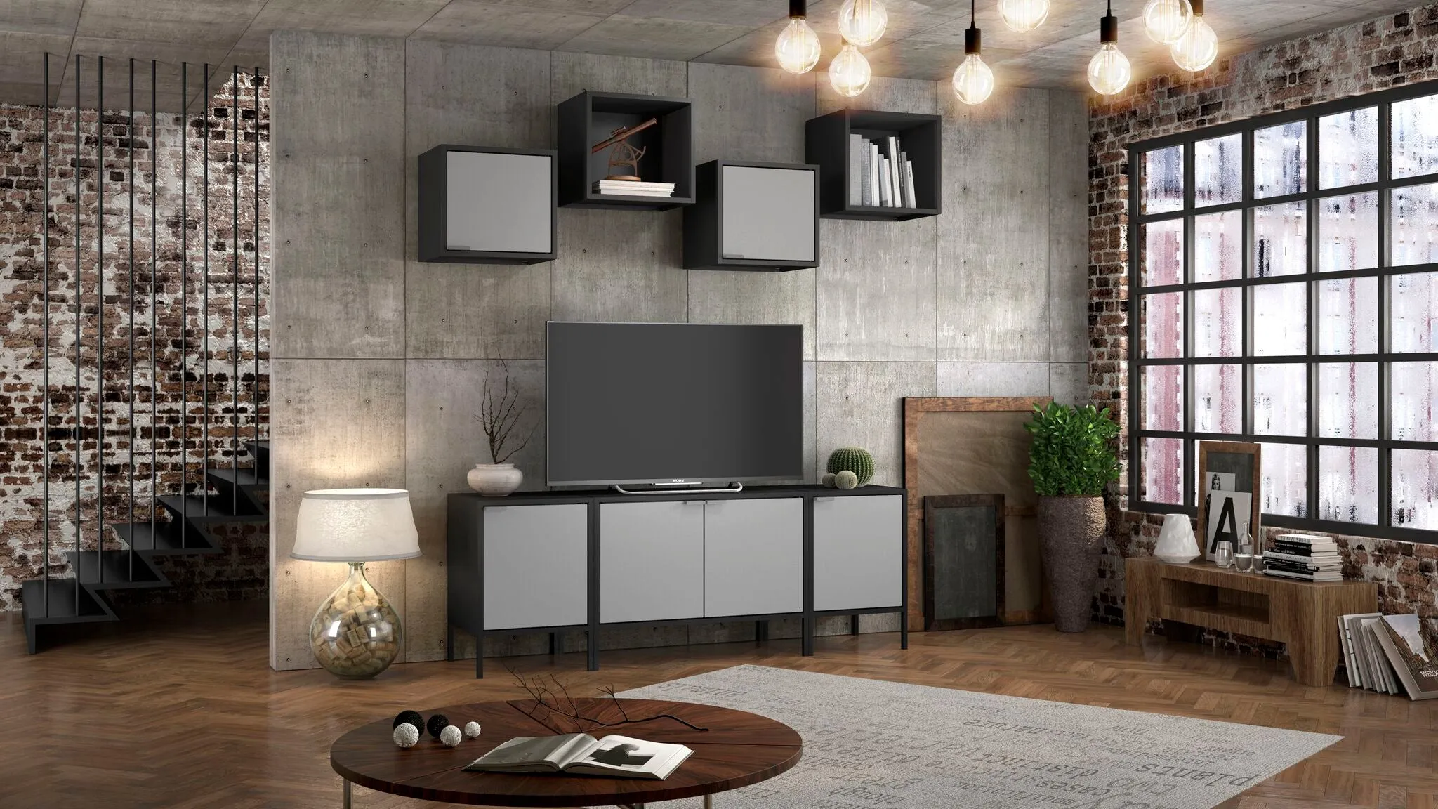 Smart Floating Cube Cabinet in Black and Grey
