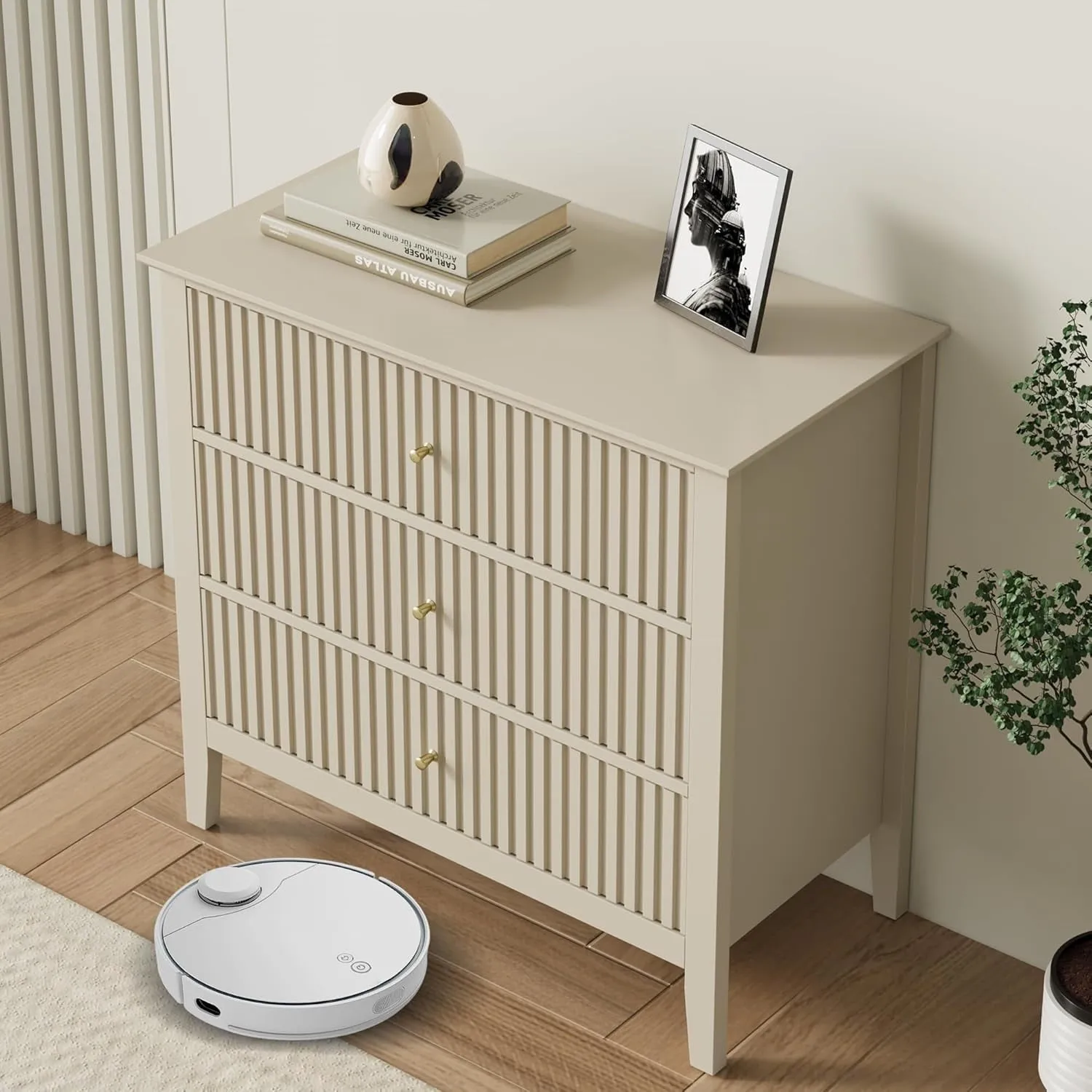 SUNVIVI Fluted 3 Drawer Dresser, Wide Chest of Drawers with Ball Bearing Slide Modern Nightstand Cabinet Wood Dresser with Spacious Storage for Bedroom, Hallway, Living Room, Entryway, Green