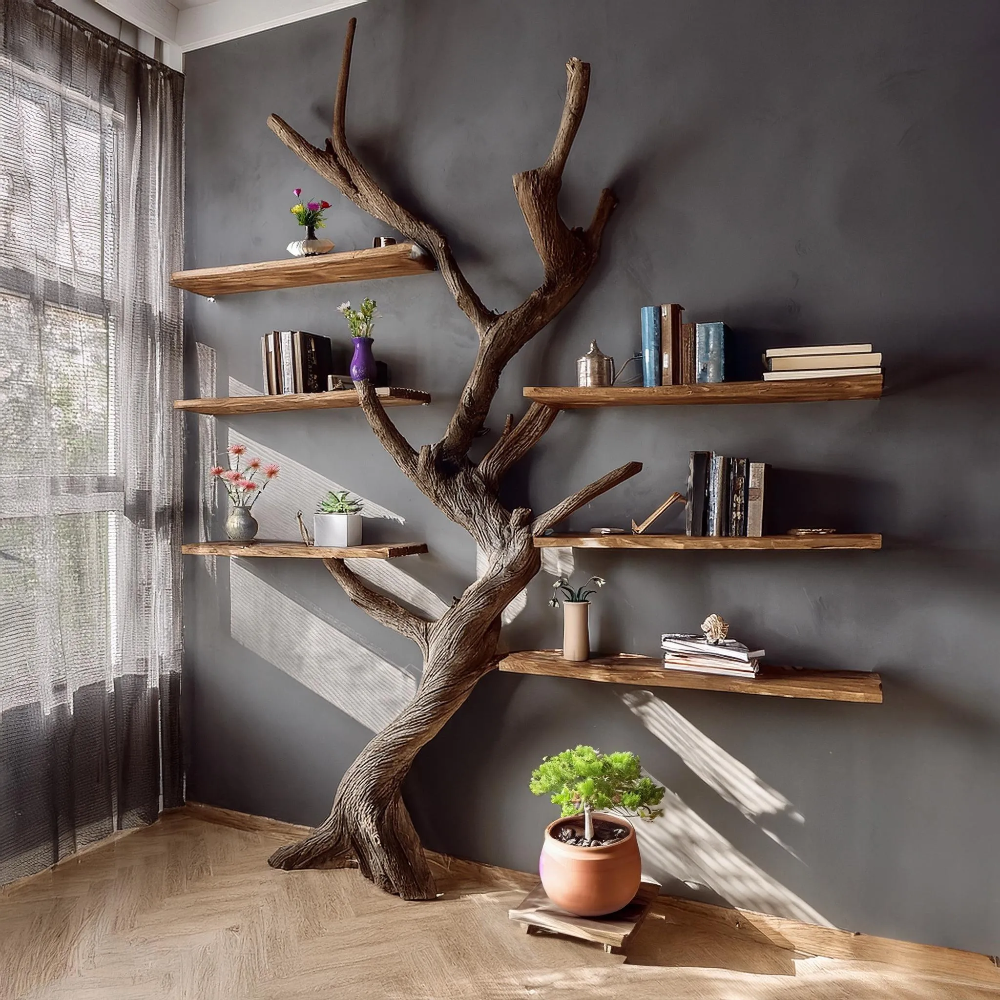 Tree Branch Floating Bookshelf Solid Wood Wall Decor