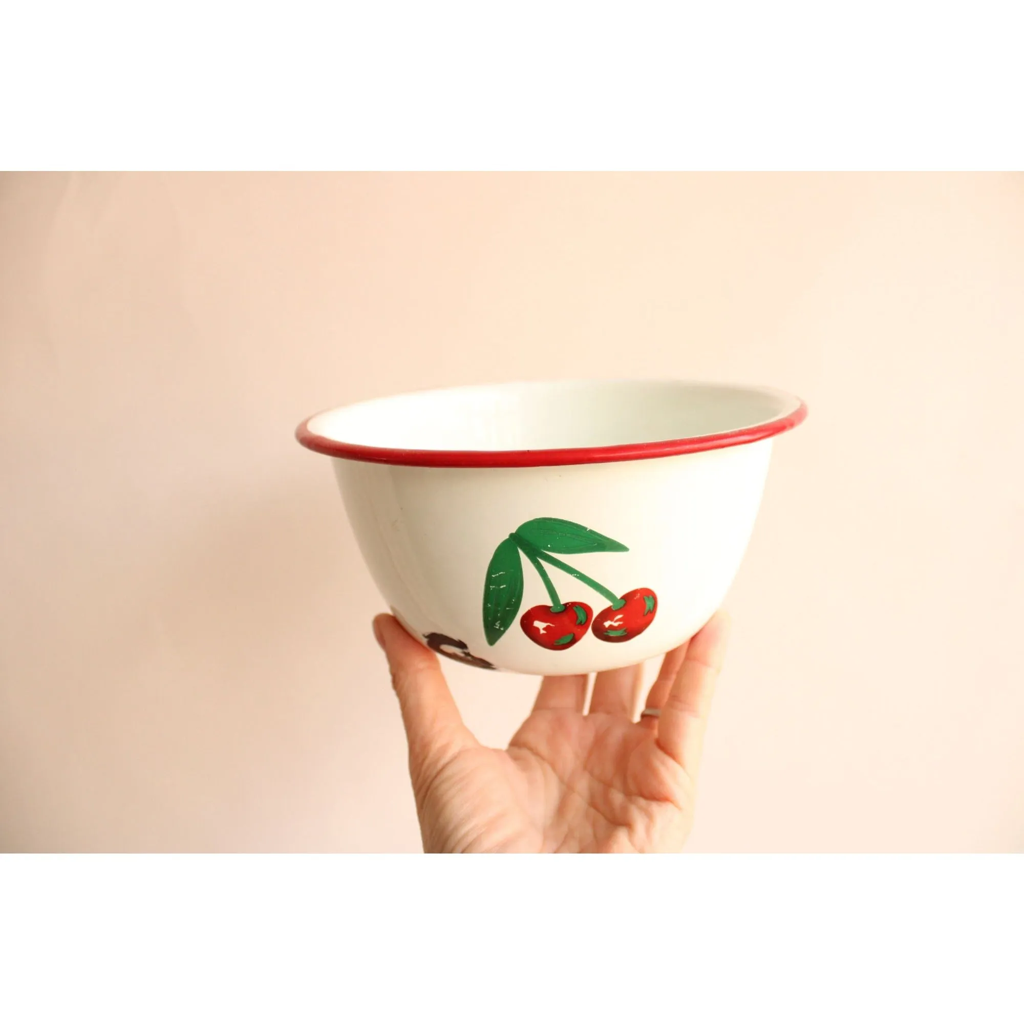 Vintage 1940s 1950s Cherry Print Enamelware Bowl