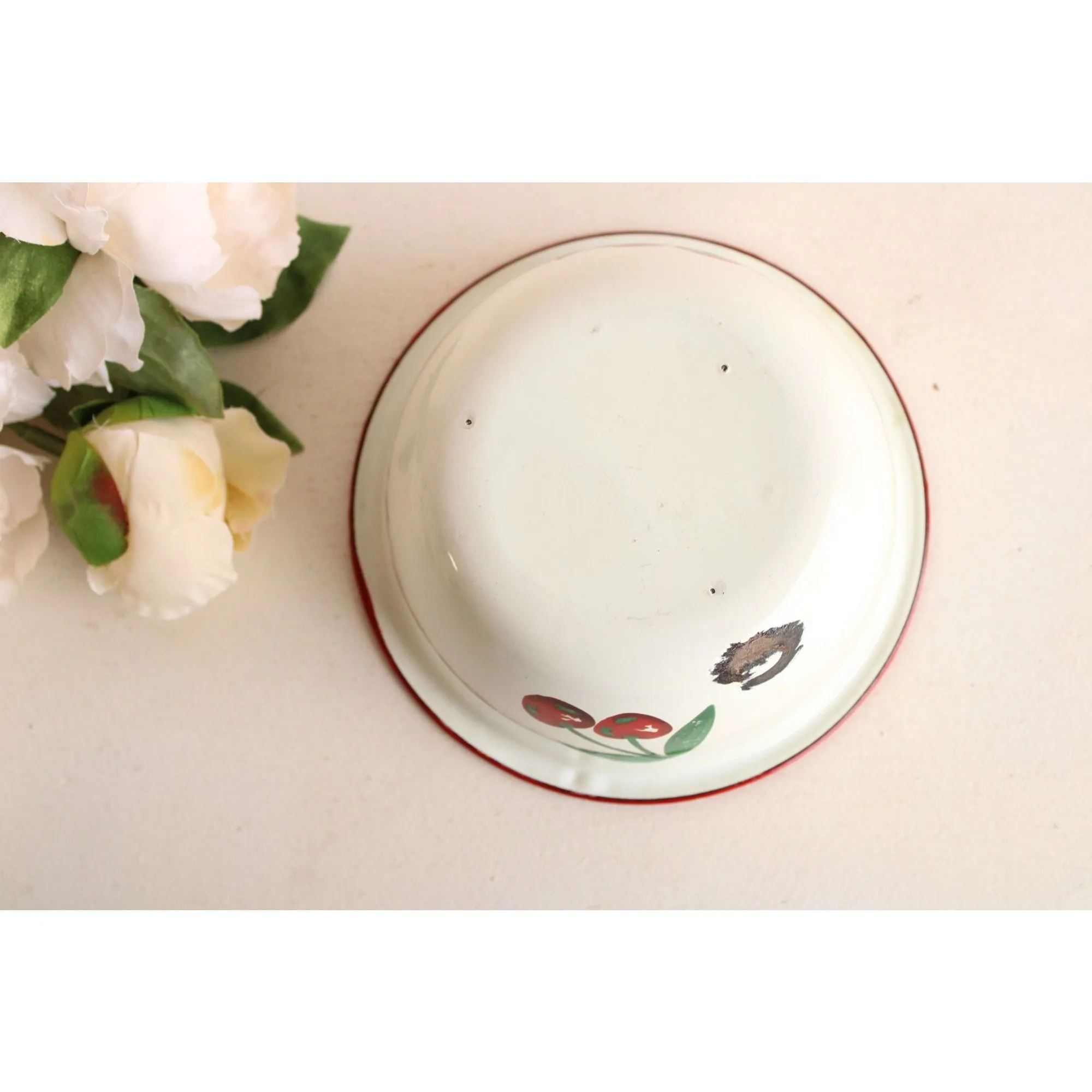 Vintage 1940s 1950s Cherry Print Enamelware Bowl