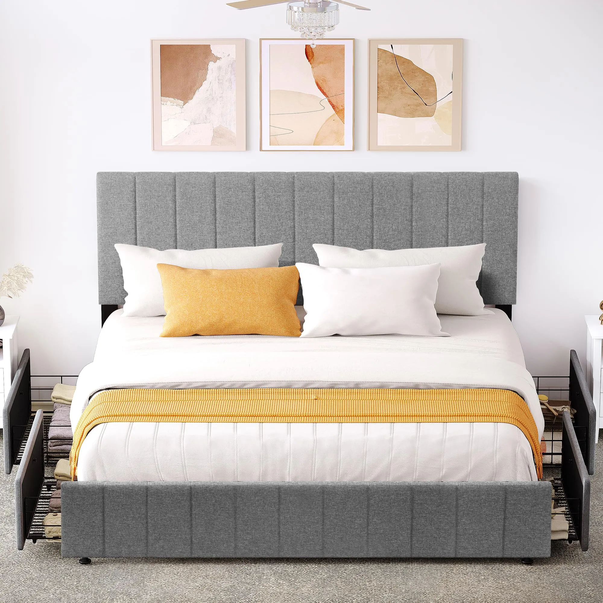 YITAHOME King Size Bed Frame, Upholstered Bed Frame with 4 Storage Drawers, Adjustable Headboard Platform Bed Mattress Foundation with Sturdy Wood Slat Support, No Box Spring Needed, Grey