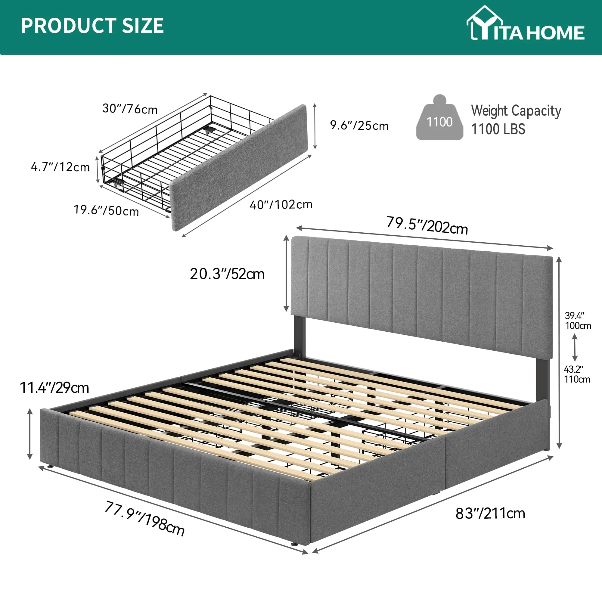 YITAHOME King Size Bed Frame, Upholstered Bed Frame with 4 Storage Drawers, Adjustable Headboard Platform Bed Mattress Foundation with Sturdy Wood Slat Support, No Box Spring Needed, Grey