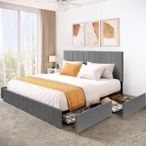 YITAHOME King Size Bed Frame, Upholstered Bed Frame with 4 Storage Drawers, Adjustable Headboard Platform Bed Mattress Foundation with Sturdy Wood Slat Support, No Box Spring Needed, Grey