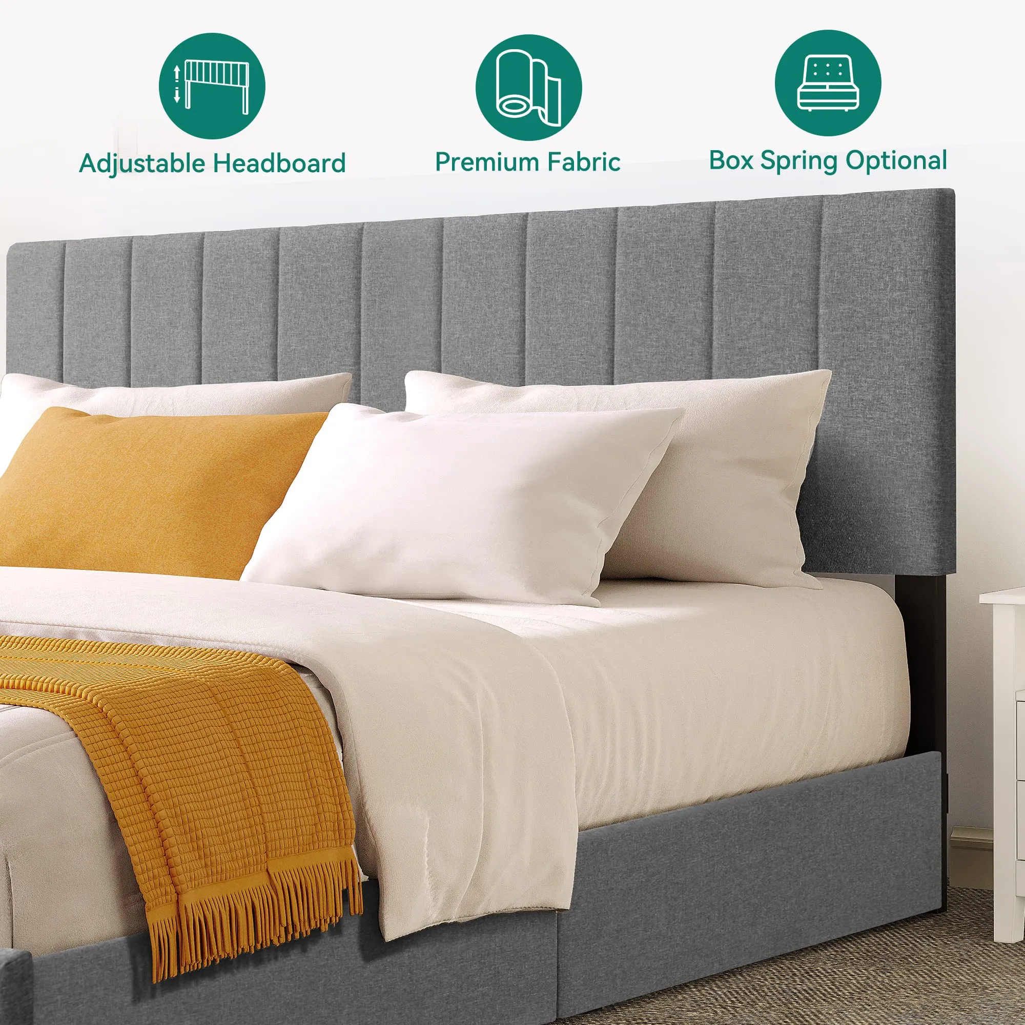 YITAHOME King Size Bed Frame, Upholstered Bed Frame with 4 Storage Drawers, Adjustable Headboard Platform Bed Mattress Foundation with Sturdy Wood Slat Support, No Box Spring Needed, Grey