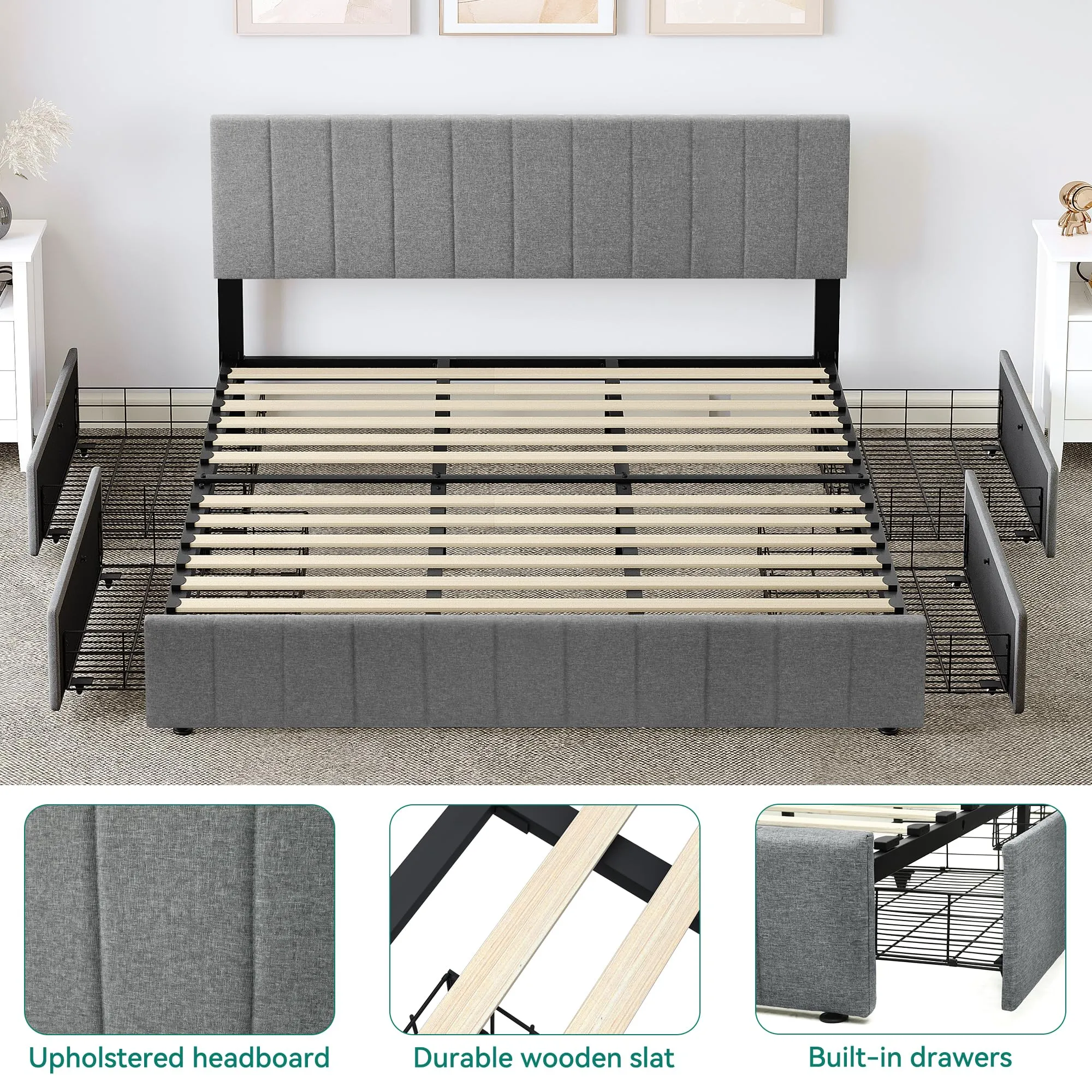YITAHOME King Size Bed Frame, Upholstered Bed Frame with 4 Storage Drawers, Adjustable Headboard Platform Bed Mattress Foundation with Sturdy Wood Slat Support, No Box Spring Needed, Grey
