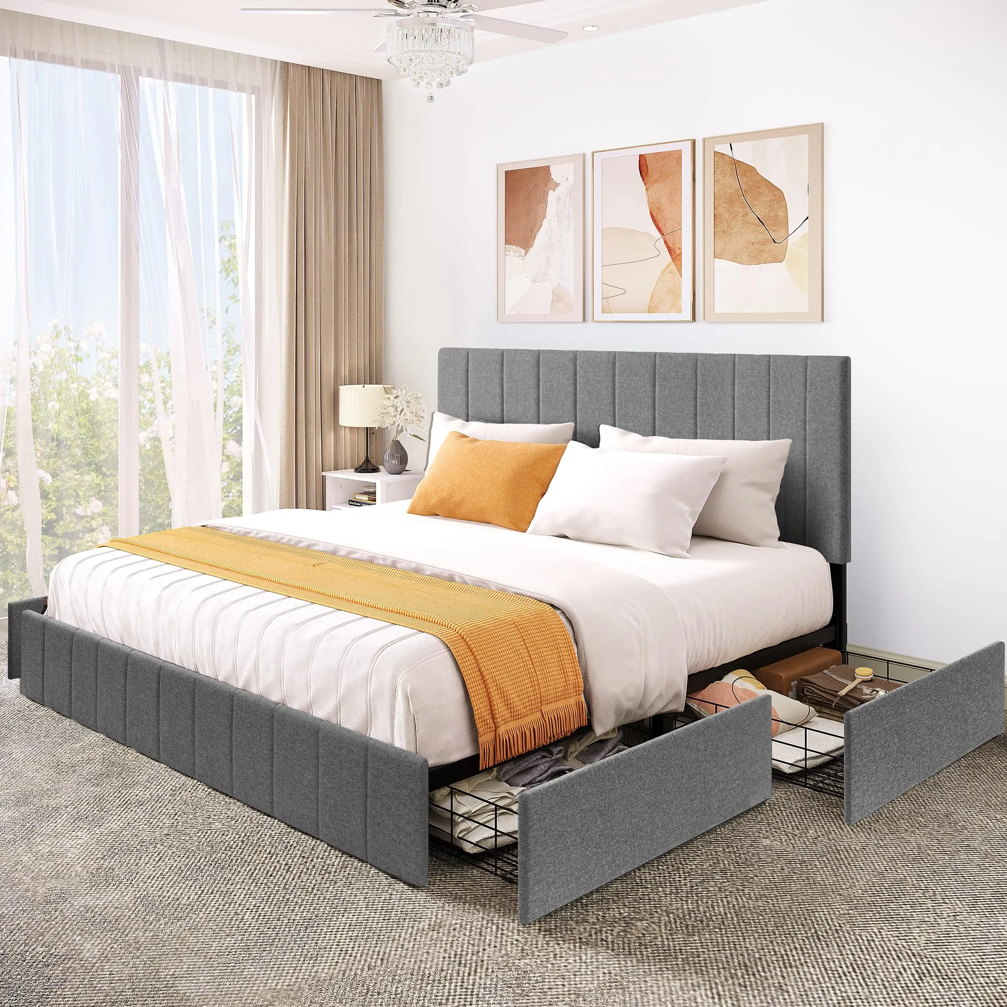 YITAHOME King Size Bed Frame, Upholstered Bed Frame with 4 Storage Drawers, Adjustable Headboard Platform Bed Mattress Foundation with Sturdy Wood Slat Support, No Box Spring Needed, Grey